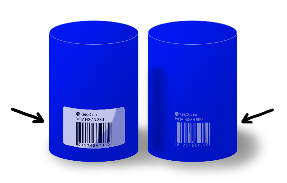 example of an SKU/barcode on a product, with the left having a printed sticker, and the right having it embedded in the package