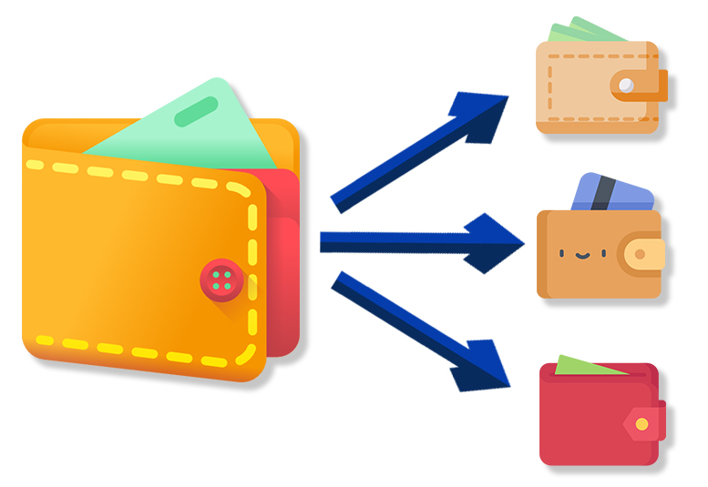 an image where there is one wallet and three arrows are coming out of it to point to three different wallets that look similar to the first one